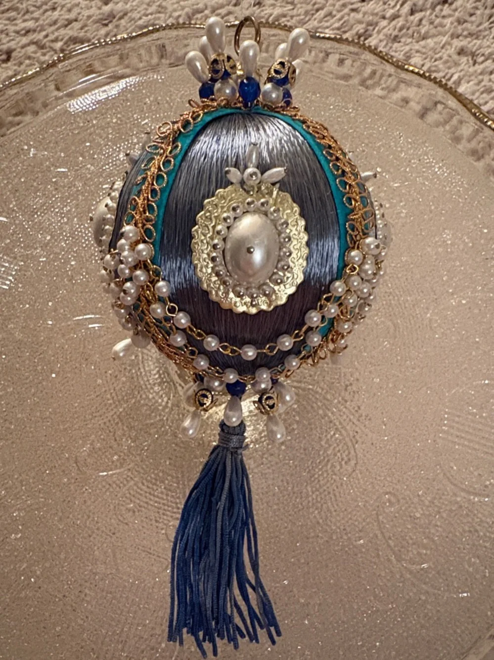 Handcrafted Blue and White Beaded Tassel Push Pin Ornament